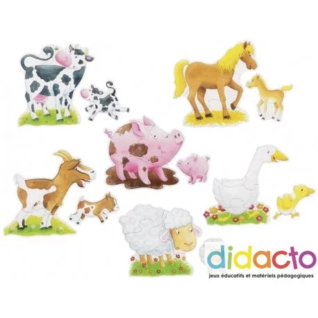 Coffret de 6 puzzles XXL de 3 et 4 pièces sur le thème des animaux de la  ferme.