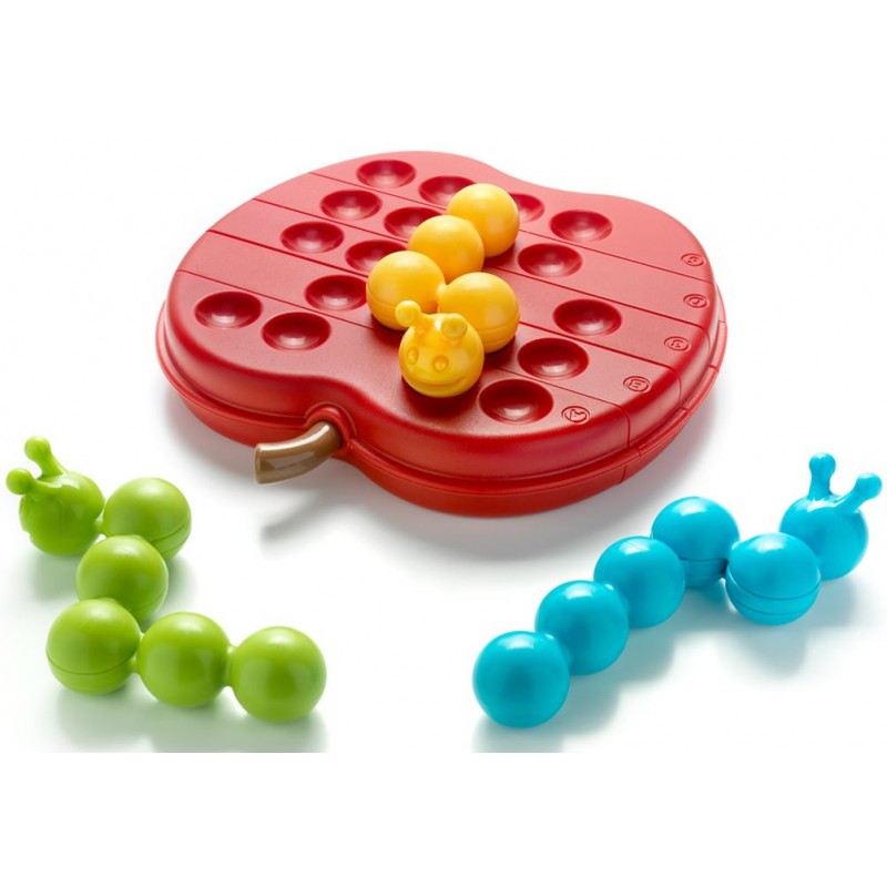 Jeu de logique très original avec une pomme découpée en 5 tranches qui pivotent et 3 chenilles articulées.