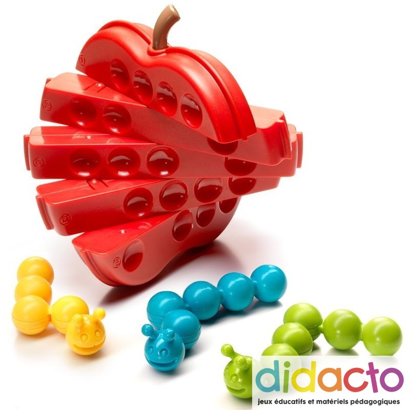 Jeu de logique très original avec une pomme découpée en 5 tranches qui pivotent et 3 chenilles articulées.