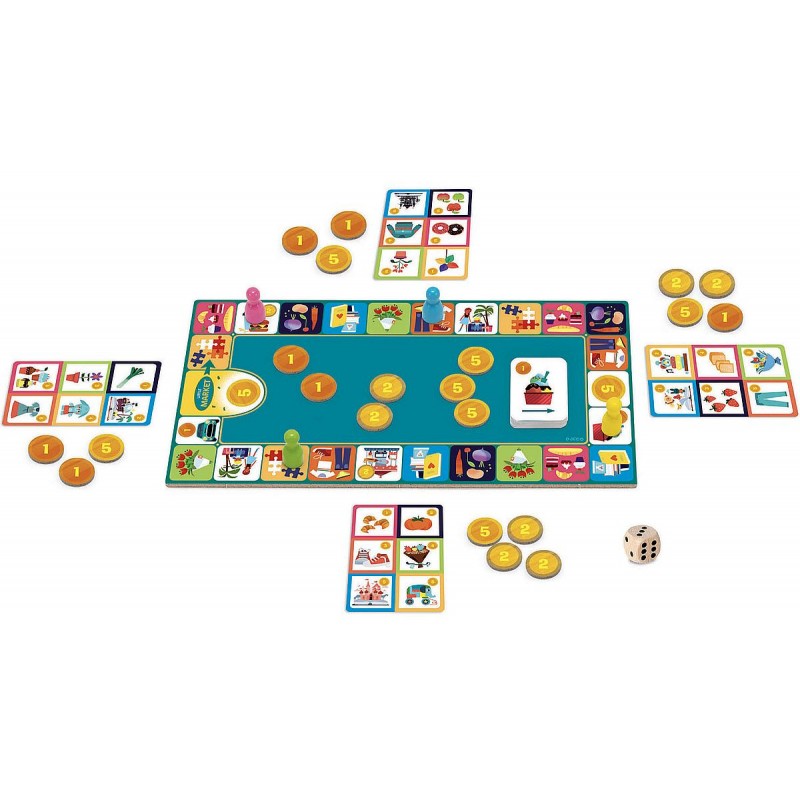 Premier jeu d'achat pour manipuler les chiffres et apprendre à rendre la monnaie.