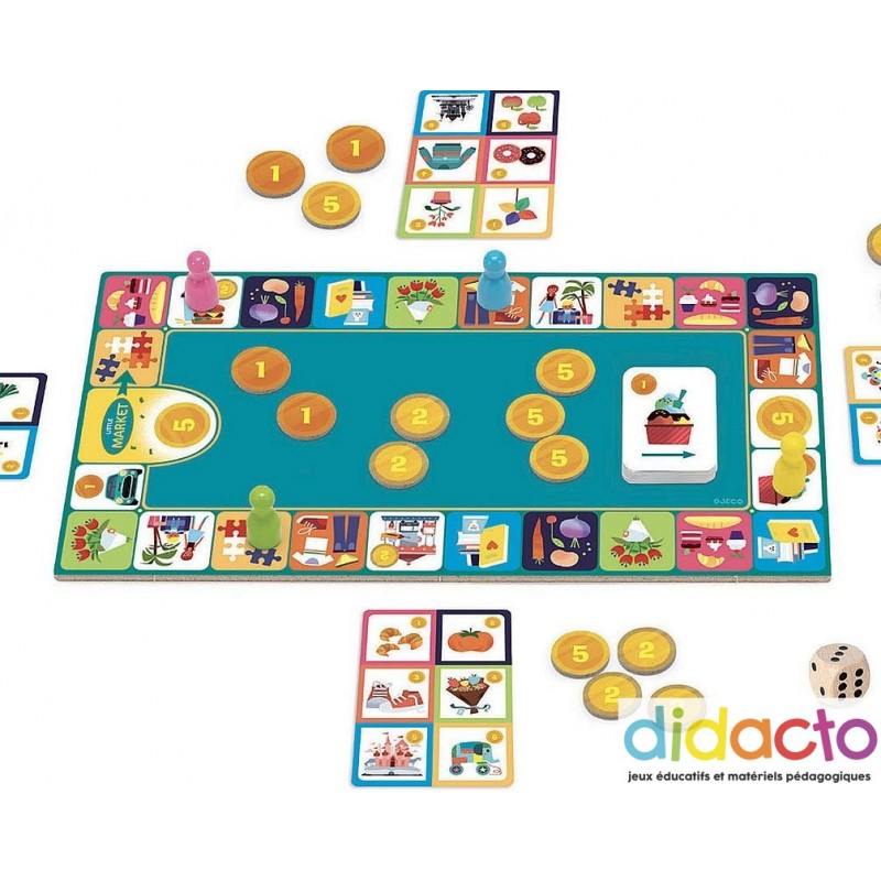Premier jeu d'achat pour manipuler les chiffres et apprendre à rendre la monnaie.