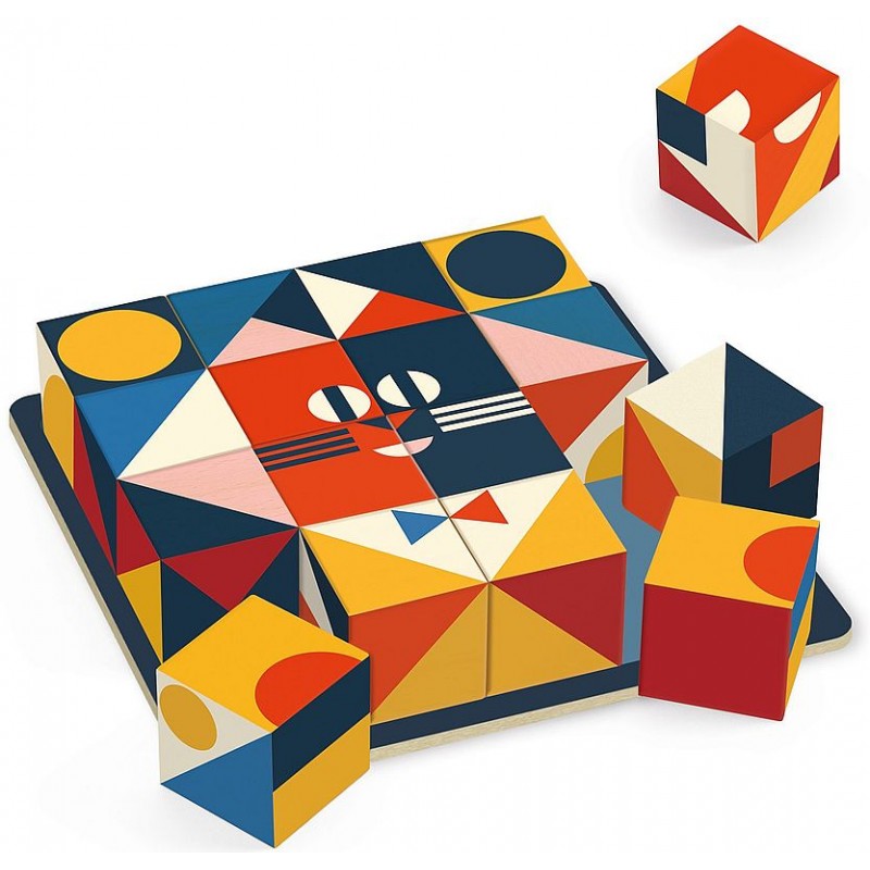 16 cubes en bois et 30 motifs à reconstituer. 