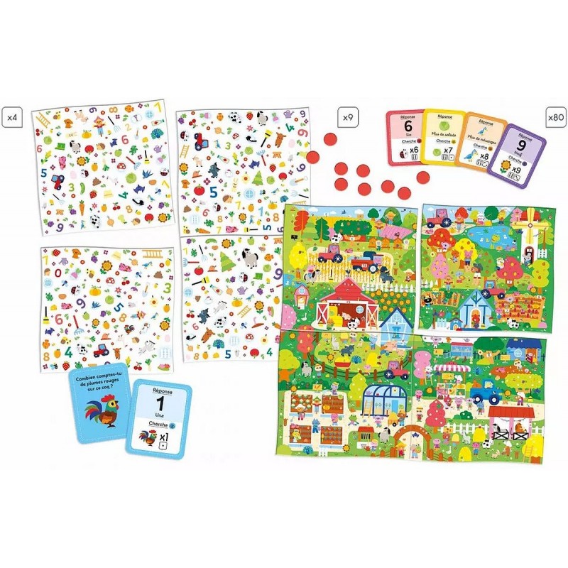 Jeu de discrimination visuelle et de devinettes autour des chiffres de 1 à 9.