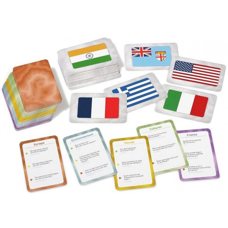 Jeu de cartes pour devenir incollable en géographie, au sujet des continents, des pays, des capitales et des drapeaux.