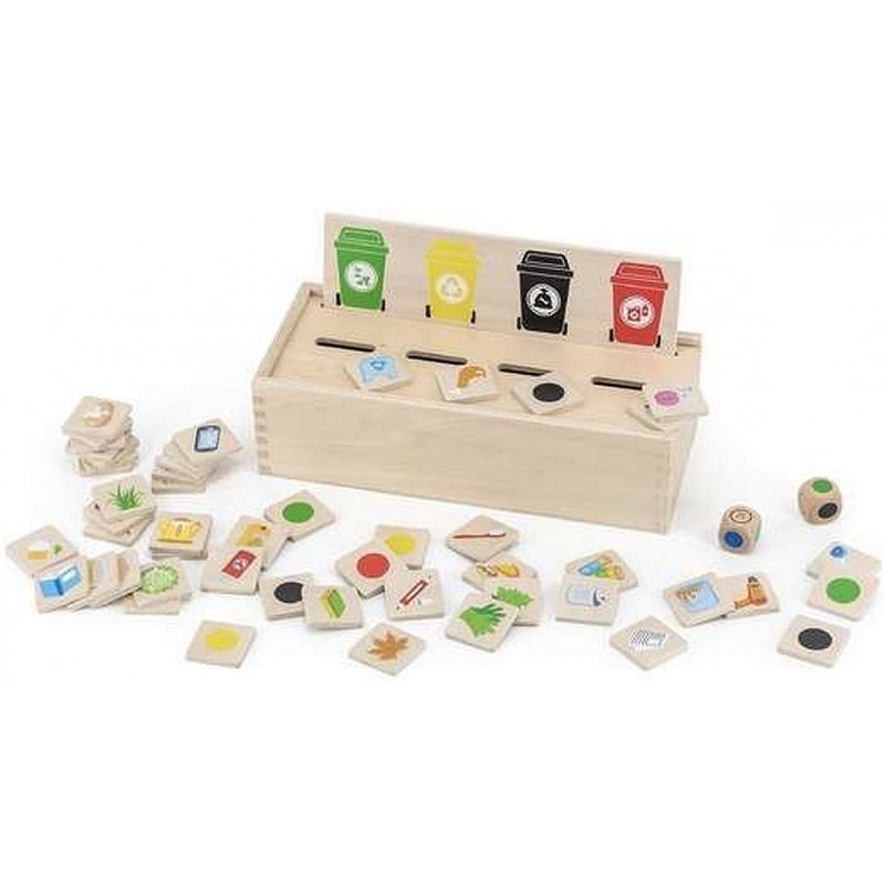 Jeu en bois pour apprendre à mettre les déchets dans les bonnes poubelles.